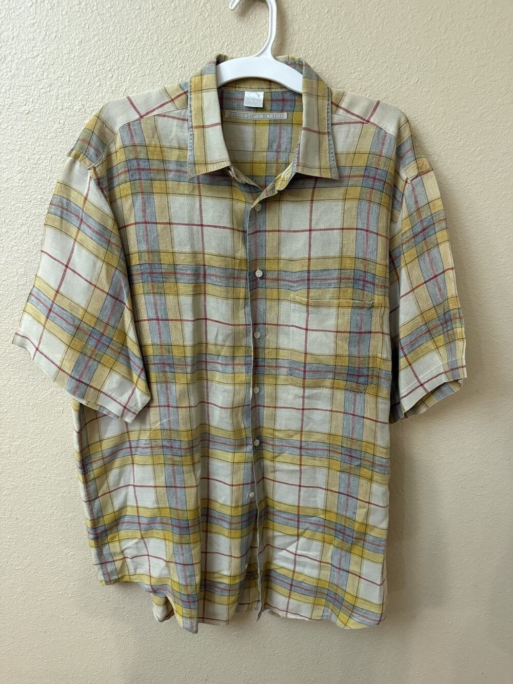 Vintage Moreno Martini da Firenze 100% Silk short sleeve plaid Shirt Mens XL